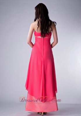 Coral Red and Watermelon Bridesmaid Dress Ruch Ankle-length