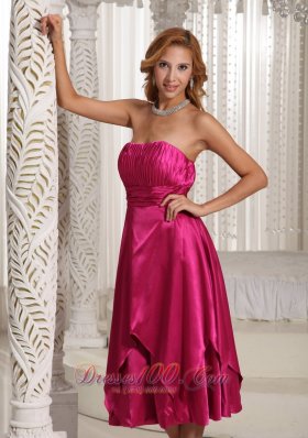 Hot Pink Ruched Bodice Tea-length Mother Dress