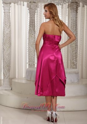 Hot Pink Ruched Bodice Tea-length Mother Dress