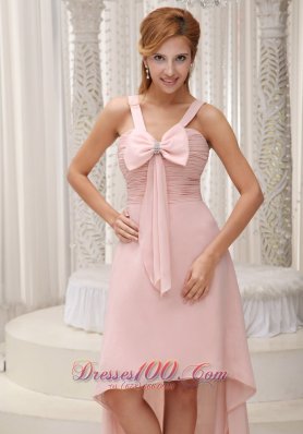 Light Pink High-low Prom Gown Bowknot Beading Chiffon