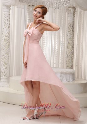 Light Pink High-low Prom Gown Bowknot Beading Chiffon