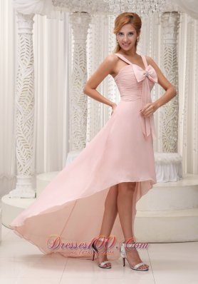 Light Pink High-low Prom Gown Bowknot Beading Chiffon