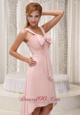 Light Pink High-low Prom Gown Bowknot Beading Chiffon