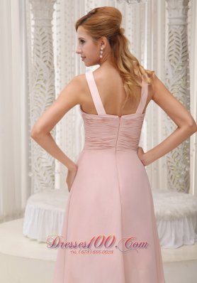 Light Pink High-low Prom Gown Bowknot Beading Chiffon