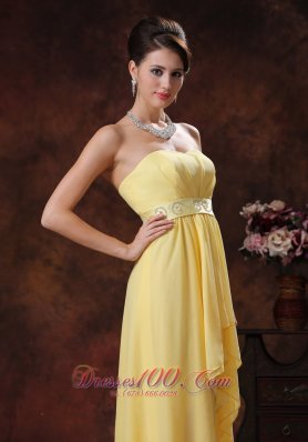 Yellow High-low Prom Holiday Dress With Belt Decorate