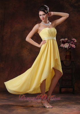 Yellow High-low Prom Holiday Dress With Belt Decorate