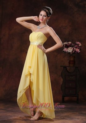 Yellow High-low Prom Holiday Dress With Belt Decorate