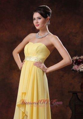 Yellow High-low Prom Holiday Dress With Belt Decorate