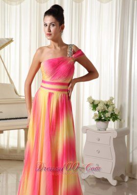 Ombre Color Chiffon Beaded One Shoulder Prom Maxi Dress