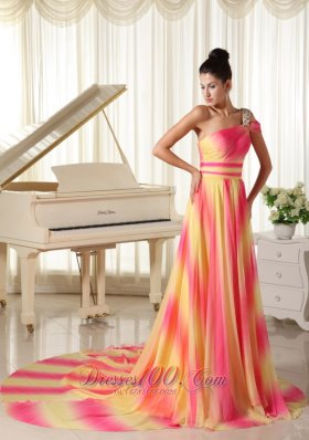 Ombre Color Chiffon Beaded One Shoulder Prom Maxi Dress