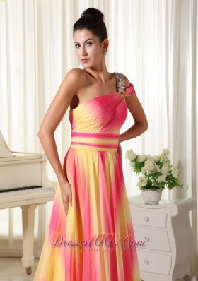 Ombre Color Chiffon Beaded One Shoulder Prom Maxi Dress