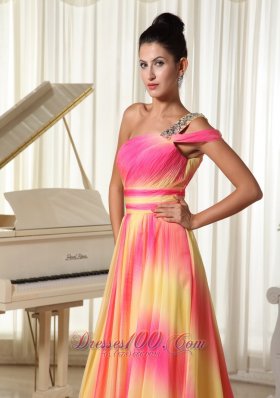 Ombre Color Chiffon Beaded One Shoulder Prom Maxi Dress