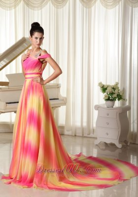 Ombre Color Chiffon Beaded One Shoulder Prom Maxi Dress