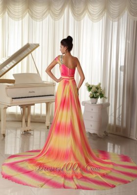 Ombre Color Chiffon Beaded One Shoulder Prom Maxi Dress