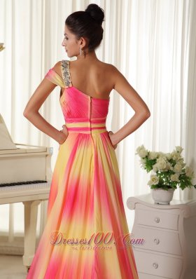 Ombre Color Chiffon Beaded One Shoulder Prom Maxi Dress