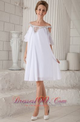 White Prom Graduation Dress Off Shoulder Knee-length Chiffon Beading