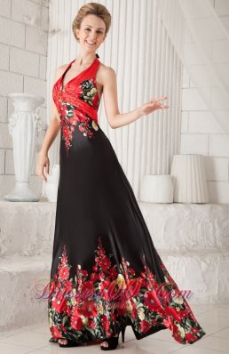 Red and Black Evening Dress Princess Halter Printing