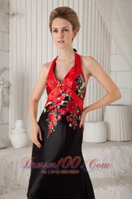 Red and Black Evening Dress Princess Halter Printing