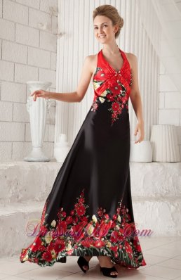 Red and Black Evening Dress Princess Halter Printing