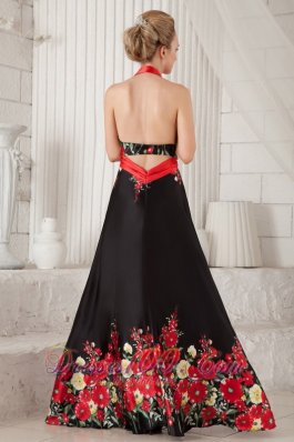 Red and Black Evening Dress Princess Halter Printing