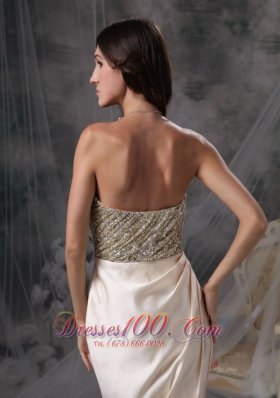 Champagne Evening Dress Strapless Satin Beading and Ruch