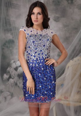 Evening Nightclub Dress Peacock Blue Column Scoop Tulle Beading