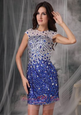 Evening Nightclub Dress Peacock Blue Column Scoop Tulle Beading