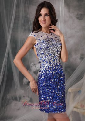 Evening Nightclub Dress Peacock Blue Column Scoop Tulle Beading