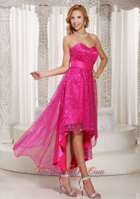 Hot Pink Evening Dress Paillette Over Skirt High-low Sweetheart