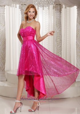 Hot Pink Evening Dress Paillette Over Skirt High-low Sweetheart