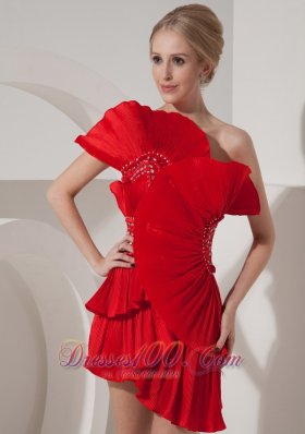 Red Short Prom Nightclub Dress One Shoulder Mini-length Beading