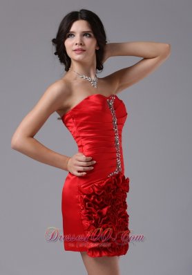 Red Ruched Beading Cocktail Dress Mini-length Taffeta