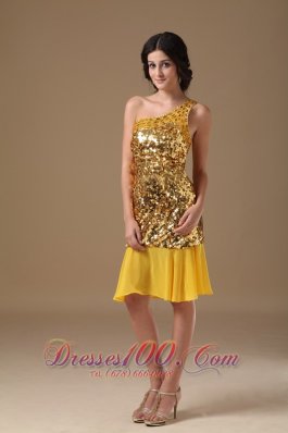 Gold Prom Dress One Shoulder Knee-length Sequin and Chiffon