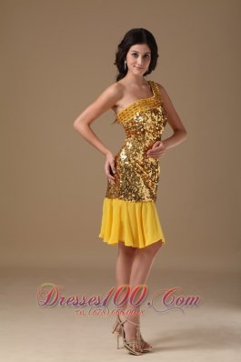 Gold Prom Dress One Shoulder Knee-length Sequin and Chiffon