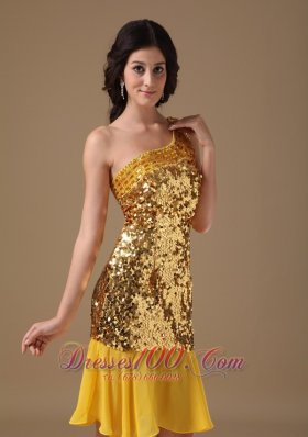 Gold Prom Dress One Shoulder Knee-length Sequin and Chiffon