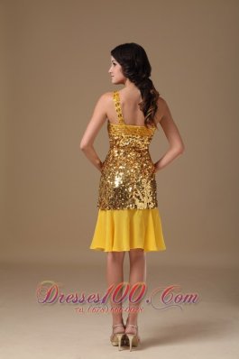 Gold Prom Dress One Shoulder Knee-length Sequin and Chiffon