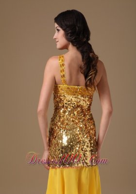 Gold Prom Dress One Shoulder Knee-length Sequin and Chiffon