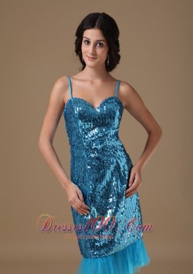 Teal Column Straps Knee-length Sequin Beading Prom Gowns