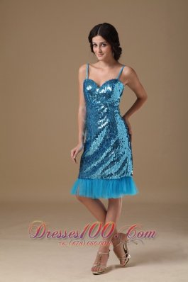 Teal Column Straps Knee-length Sequin Beading Prom Gowns