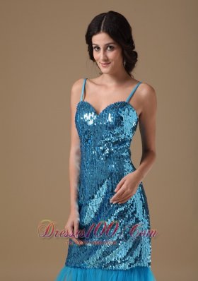 Teal Column Straps Knee-length Sequin Beading Prom Gowns