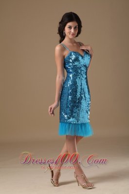 Teal Column Straps Knee-length Sequin Beading Prom Gowns