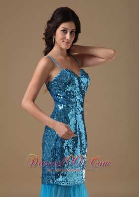 Teal Column Straps Knee-length Sequin Beading Prom Gowns