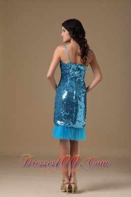 Teal Column Straps Knee-length Sequin Beading Prom Gowns