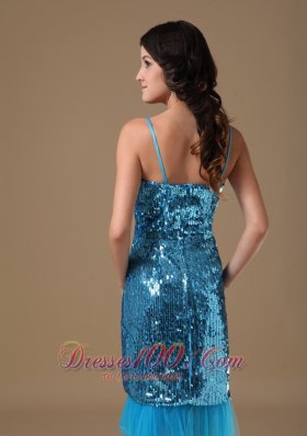 Teal Column Straps Knee-length Sequin Beading Prom Gowns