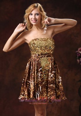 Brown Leopard Sequins Prom Cocktail Dress Mini-length