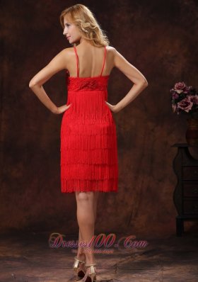 Red Cocktail Dress Spaghetti Straps Embroidery Sequins Knee-length