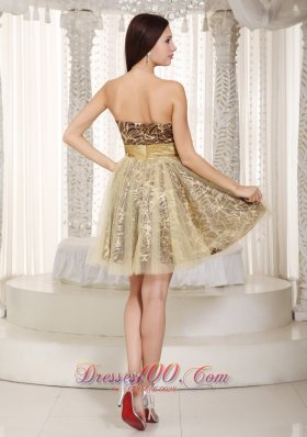 Champagne Leopard Strapless Knee-length Tulle Cocktail Dress