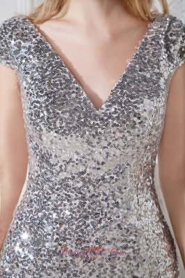 Silver Sequin Homecoming Nightclub Dress Column V-neck Mini-length