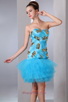 Aqua Blue Strapless Short Prom Party Dress Sequins Mini-length