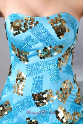 Aqua Blue Strapless Short Prom Party Dress Sequins Mini-length